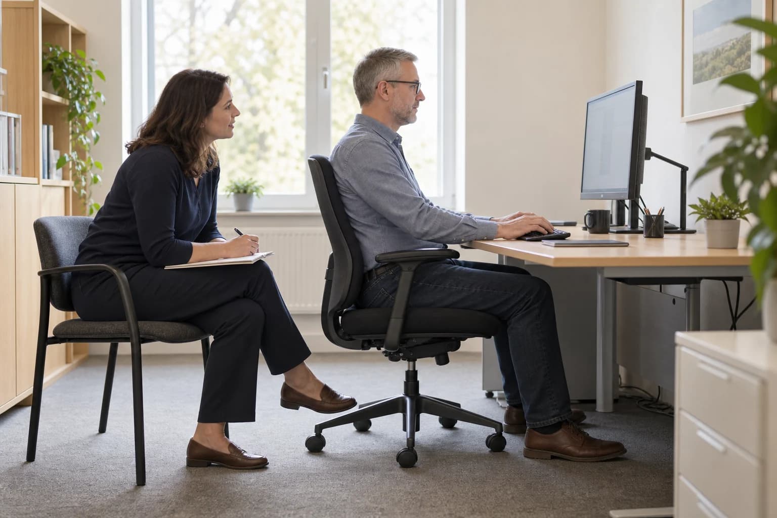 Assessor observing an employee at their workstation