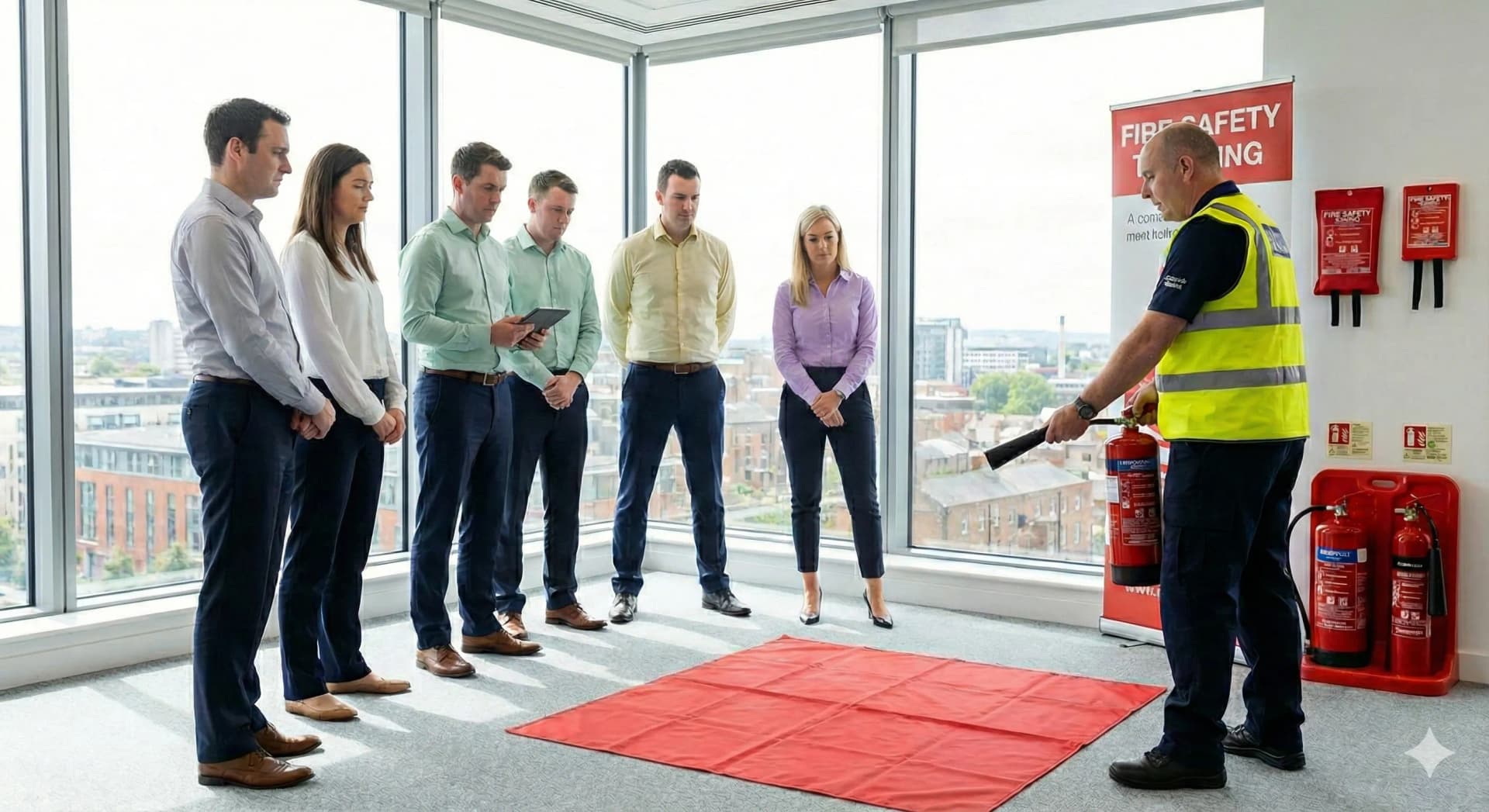Fire safety warden training session demonstrating fire extinguisher use at Usafety Ireland