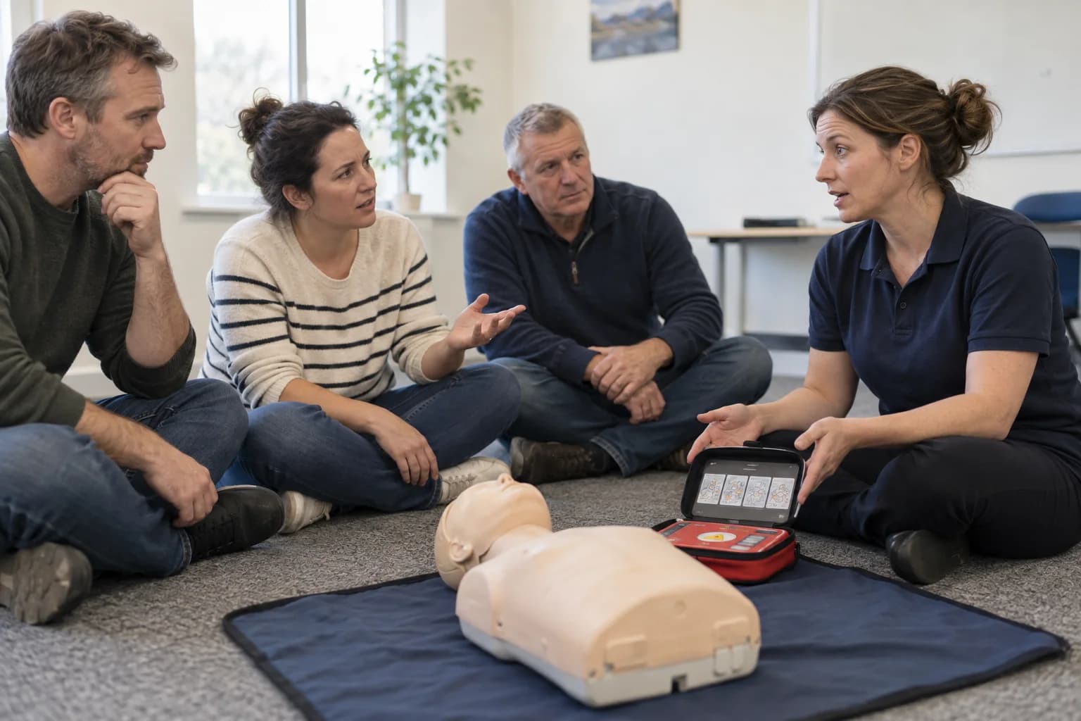 Illustrative first aid workshop with training equipment