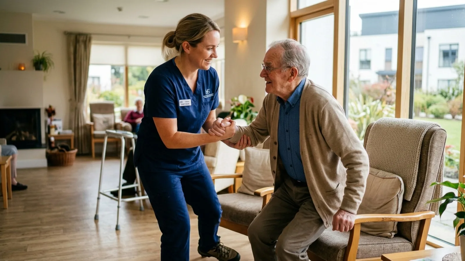 Nurse safely assisting an elderly resident to stand in an Irish nursing home