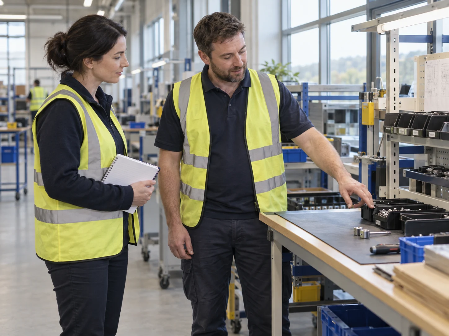 Ergonomics consultant reviewing a workbench with an operator