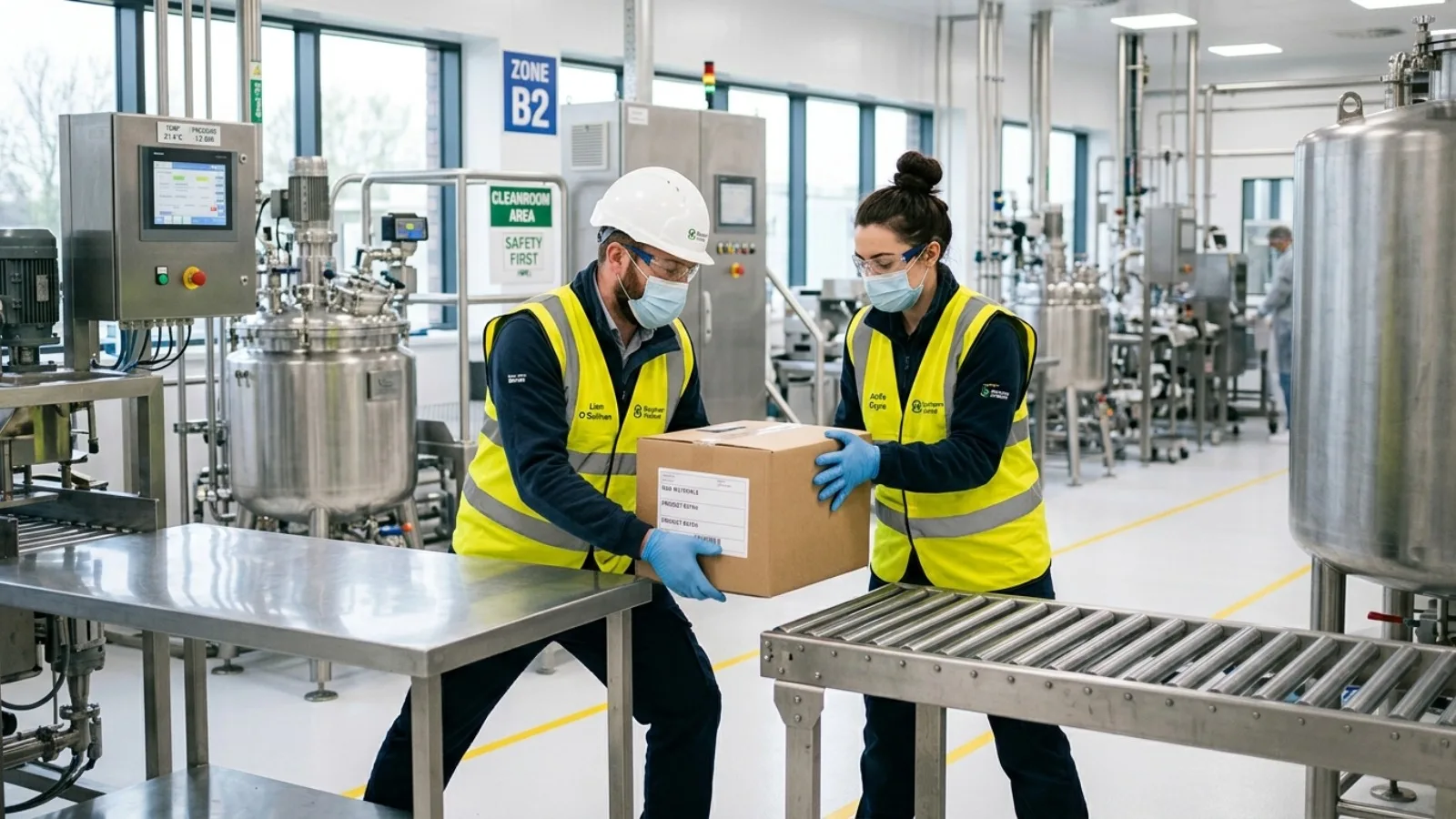 Workers safely handling materials in a pharmaceutical manufacturing facility