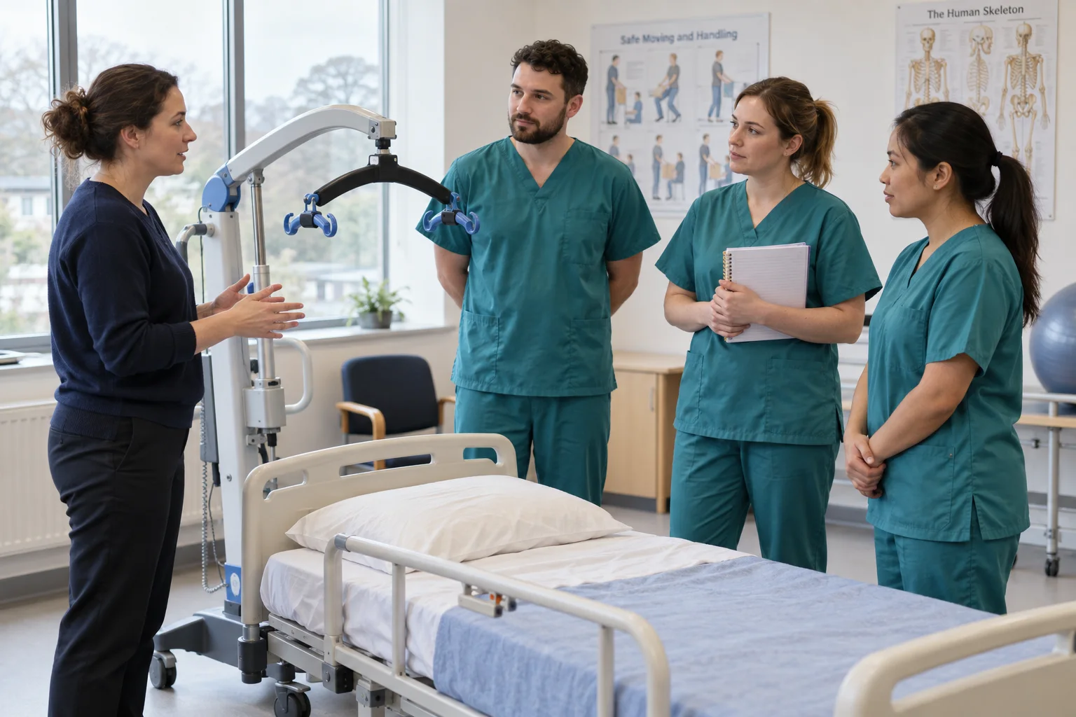 Instructor and healthcare trainees discussing handling equipment