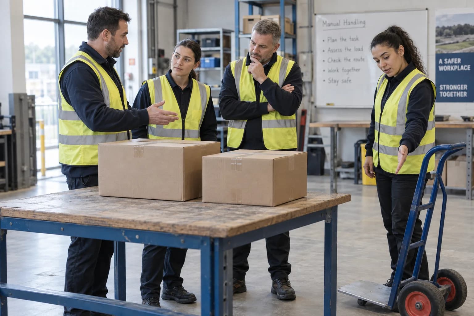 Workplace handling discussion with boxes and a trolley