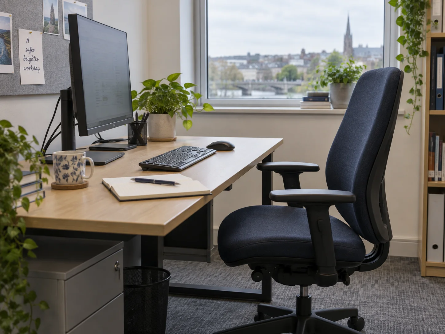 Illustrative office workstation with an adjustable chair and separate keyboard